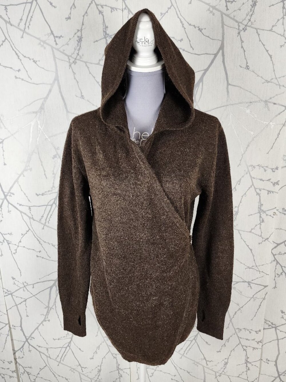 Betabrand Brown 60% Wool Blend Knit Hooded Wrap Cardigan